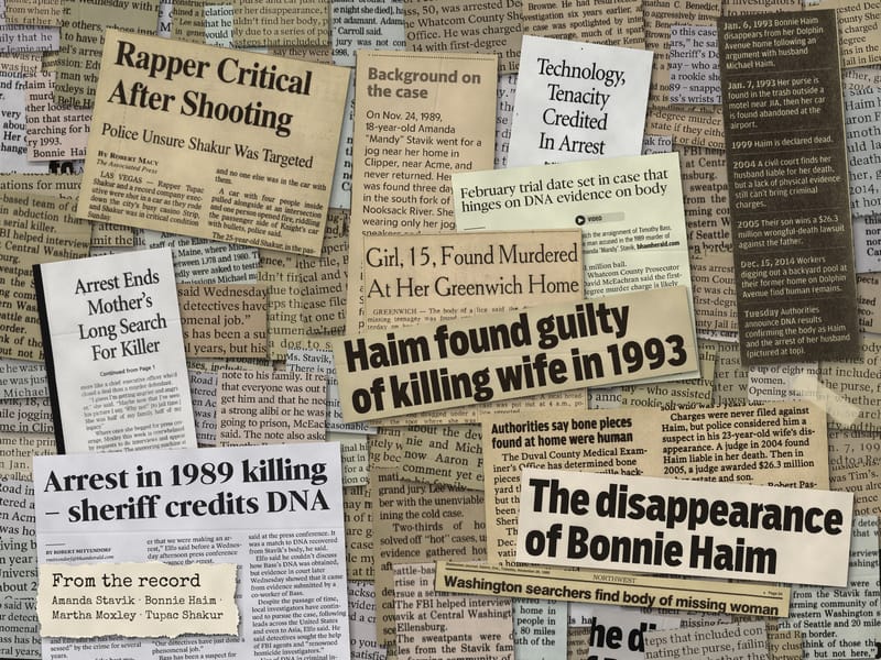 Newspaper clippings from the record: Amanda Stavik, Bonnie Haim, Martha Moxley, Tupac Shakur