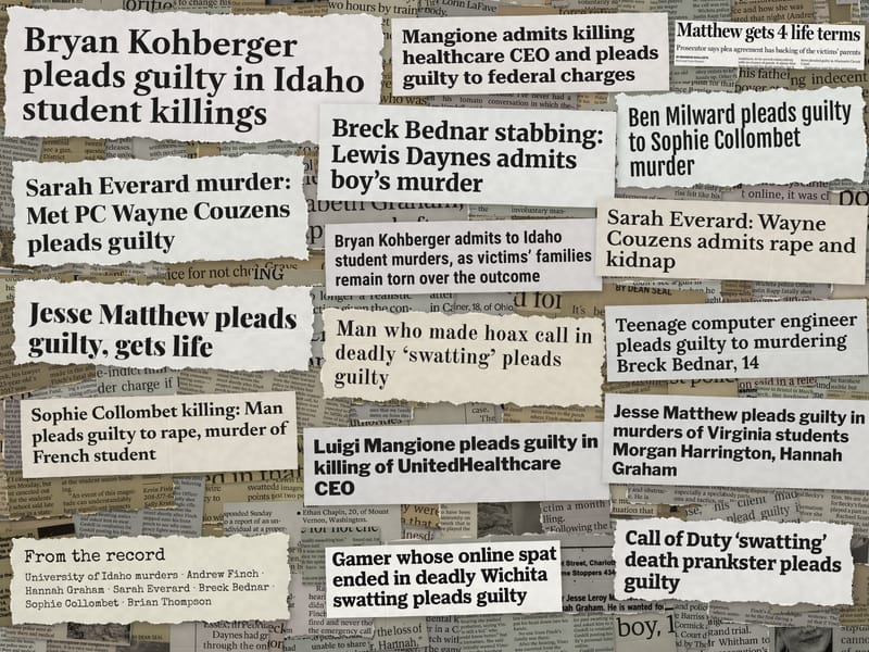 Newspaper clippings from the record: University of Idaho murders, Andrew Finch, Hannah Graham, Sarah Everard, Breck Bednar, Sophie Collombet, Brian Thompson