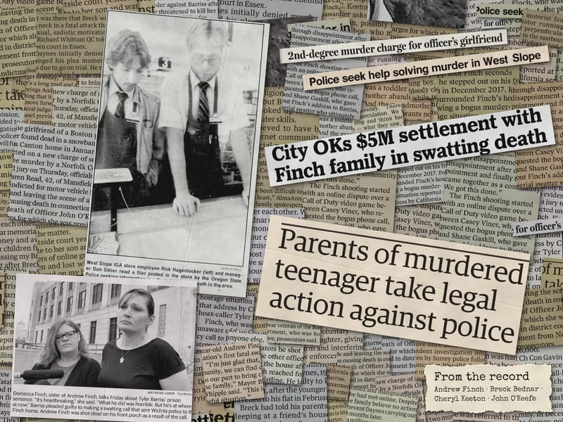 Newspaper clippings from the record: Andrew Finch, Breck Bednar, Cheryl Keeton, John O'Keefe