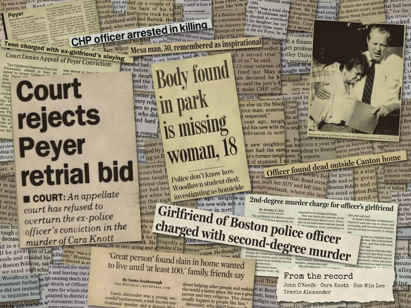 Newspaper clippings from the record: John O'Keefe, Cara Knott, Hae Min Lee, Travis Alexander