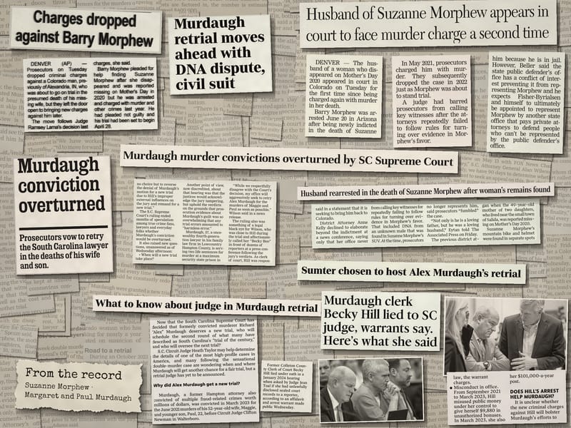 Newspaper clippings from the record: Suzanne Morphew, Margaret and Paul Murdaugh