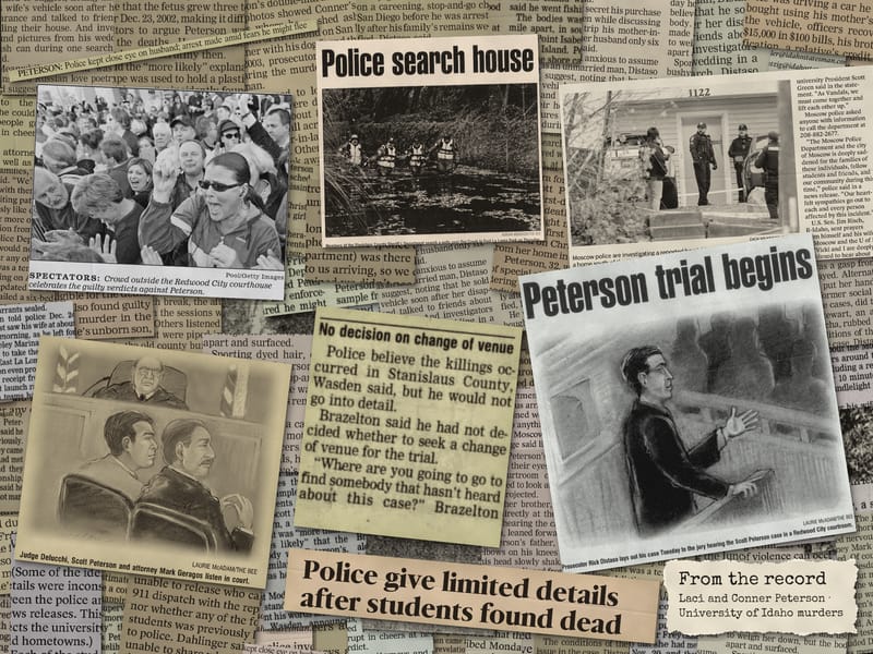 Newspaper clippings from the record: Laci and Conner Peterson, University of Idaho murders